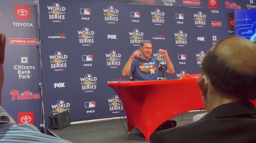 Astros' Justin Verlander talks to reporters after World Series Game 5 win