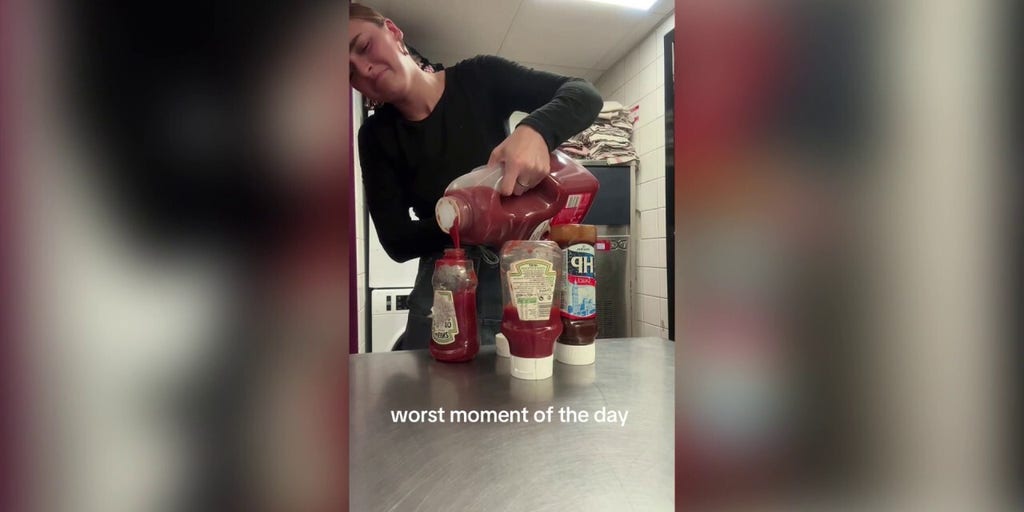 Waitress has negative reaction to filling ketchup bottles
