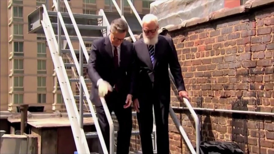Letterman, Colbert throw furniture at CBS logo off in defiant skit ahead of 'The Late Show' end