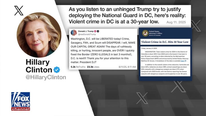 Hillary Clinton sounds alarm on 'unhinged' Trump as he takes federal action against DC crime surge