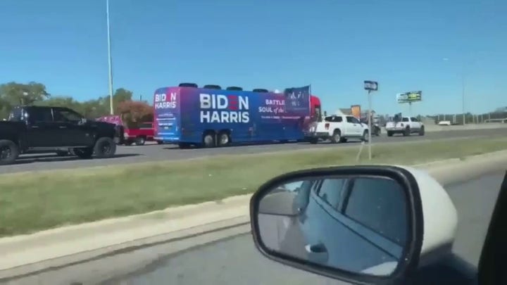 Trump Train surrounds Biden-Harris campaign bus in October 2020