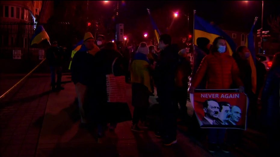 Protesters gather outside of Russian embassy in Washington, D.C. in support of Ukraine