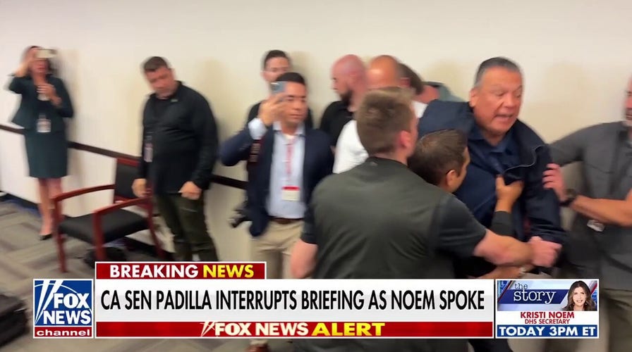 Calif. Sen. Alex Padilla detained after storming Noem news conference