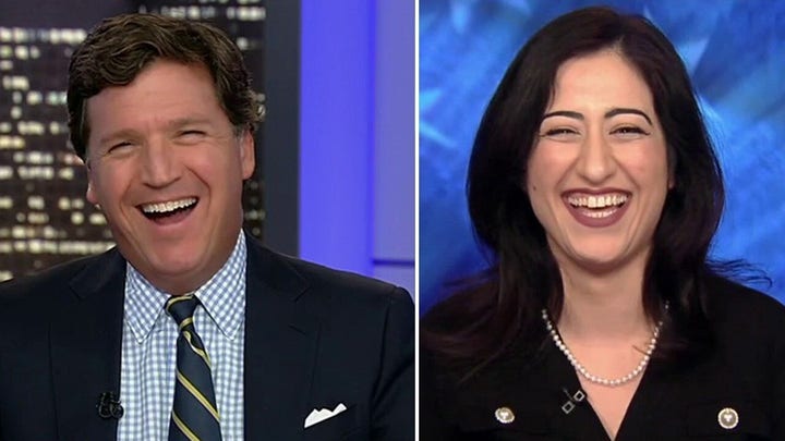 Tucker learns the 'Kamala Kackle' from an impersonator 