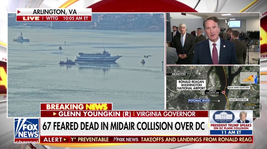 El gobernador Youngkin sobre el "trágicamente horrible" accidente aéreo de Washington DC: Algo salió 'muy mal