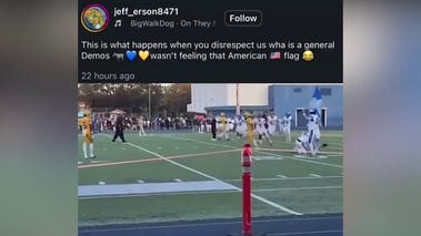 Oregon football player tackles opponent carrying American flag onto field