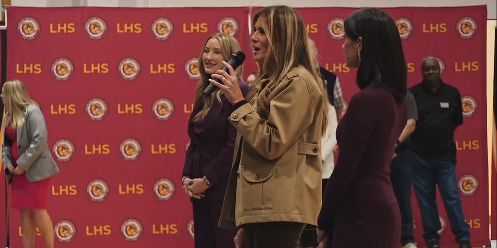 First lady Melania Trump speaks to military families at Lejeune High School