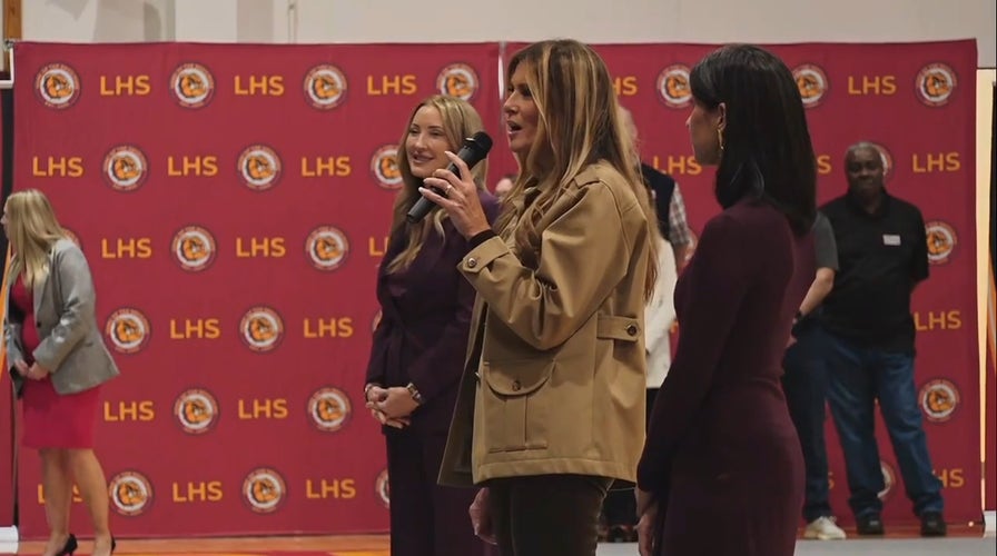 First lady Melania Trump speaks to military families at Lejeune High School