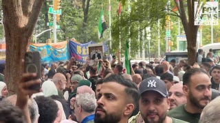 Thousands of Syrians rally outside the UN in support of the president, calling for peace