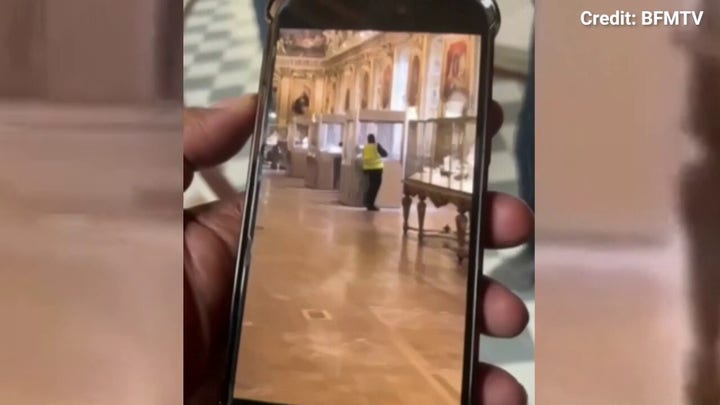 Video purportedly shows man breaking open case inside the Louvre's Apollo Gallery during daylight heist