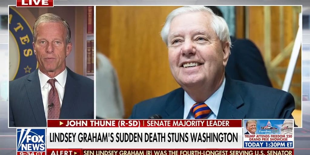 Senate Majority Leader John Thune reacts to Lindsey Graham's passing