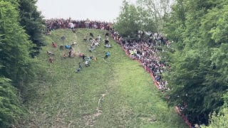 Viral video shows cheese-rolling competition as participants tumble downhill