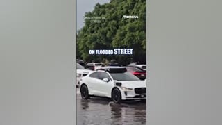 Waymo car stops on a flooded road