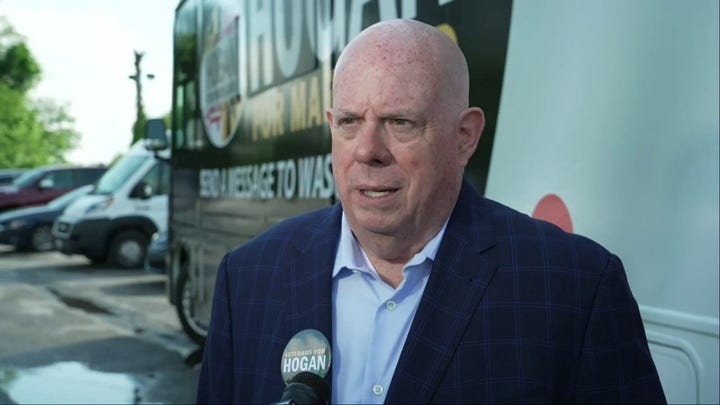 Former Republican Gov. Larry Hogan says he'll be ready for whichever Democrat 'limps out' of Tuesday's Senate primary in blue state Maryland.