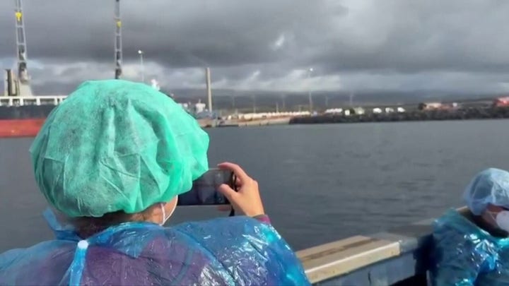 Cruise ship passengers wearing PPE disembark from ship at center of hantavirus outbreak