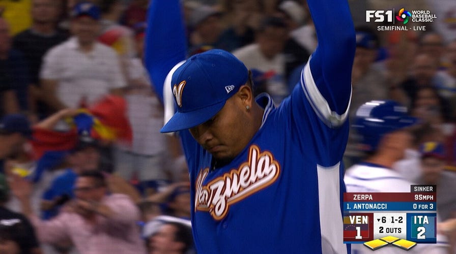 Venezuela's Angel Zerpa strikes retired Sam Antonacci to flight bases-loaded jam against Italy