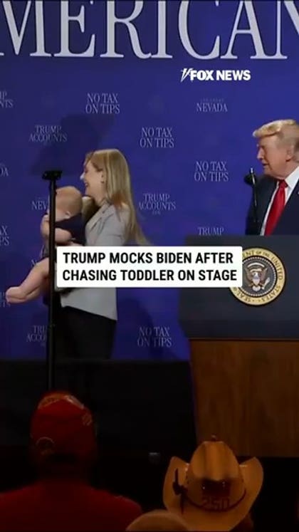 Donald Trump mocks Joe Biden after chasing toddler on stage