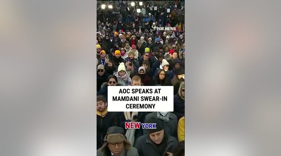 AOC delivers remarks during the swearing-in ceremonial  of Mamdani 