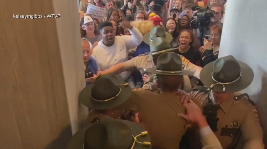 State Troopers push back crowd of protestors storming the Tennessee State Capitol