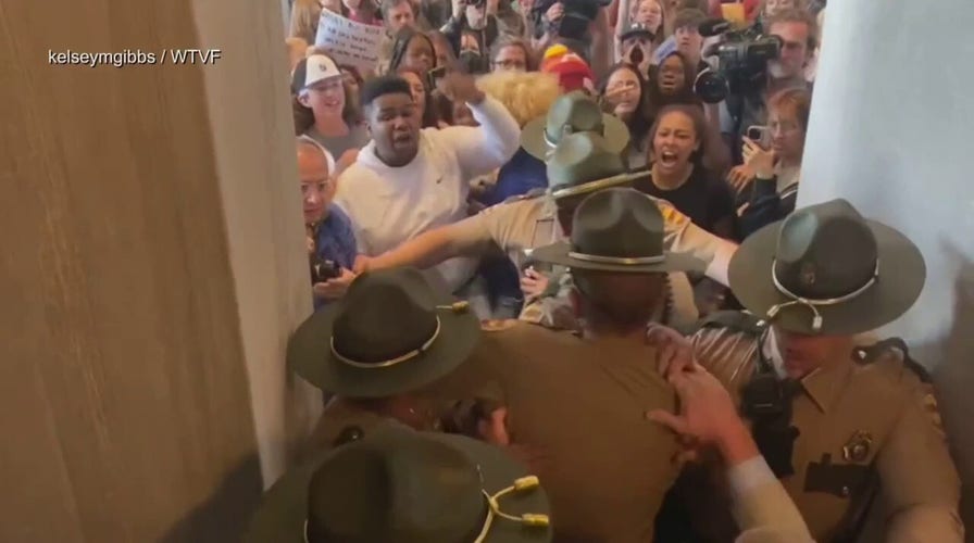 State Troopers push back crowd of protestors storming the Tennessee State Capitol