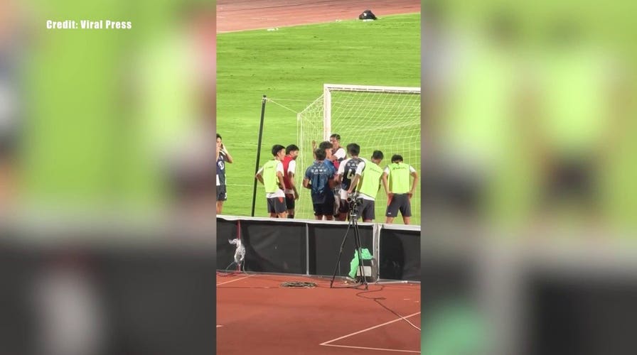 Soccer gets run over by lawn roller while warming up for match