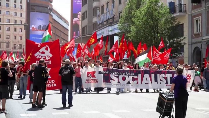 Leftists march in May Day protest in Madrid, Spain