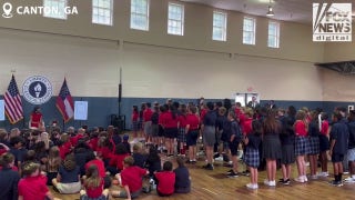 Students at Liberty Classical Schools recite a poem for Usha Vance, second lady