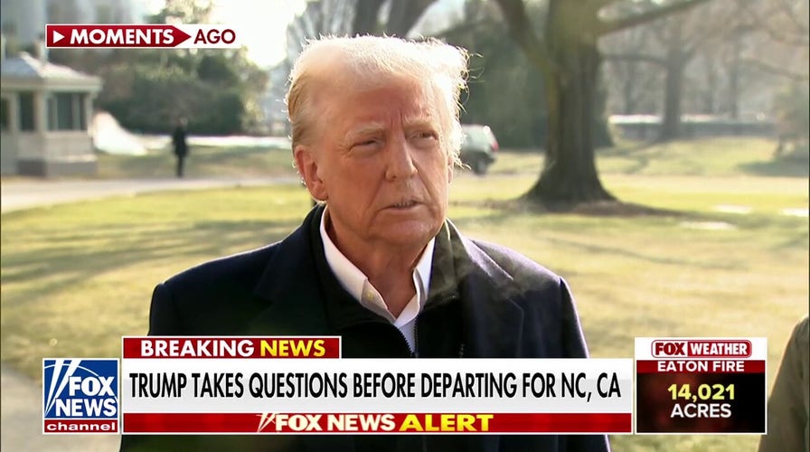 Trump responde a las preguntas de los periodistas antes de dirigirse a Carolina del Norte y California
