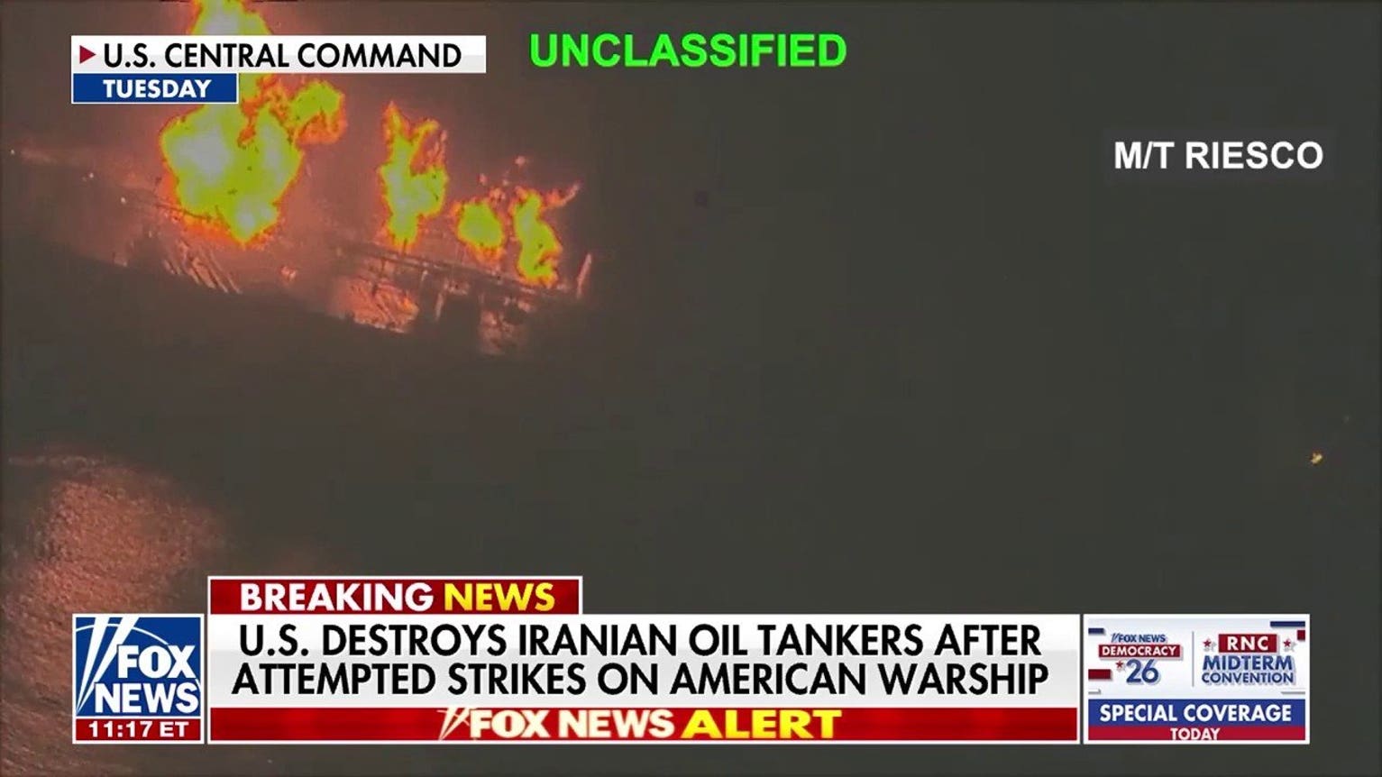 CENTCOM video shows Iranian oil tankers ablaze after US forces targeted
