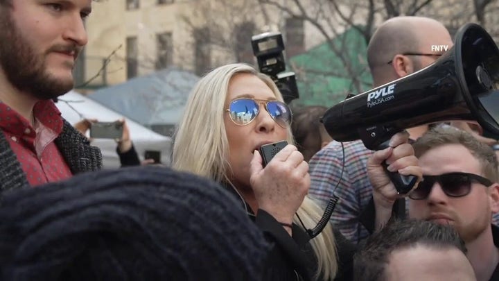 Marjorie Taylor Greene speaks in Manhattan ahead of Trump arraignment