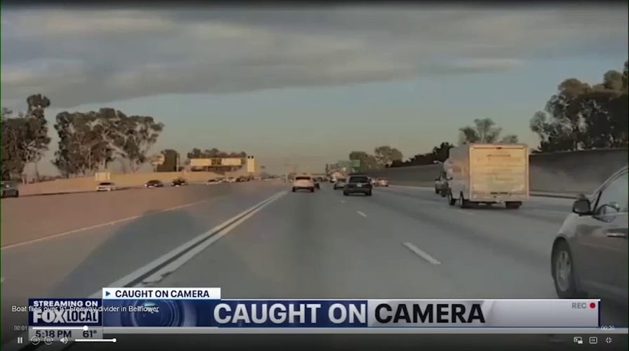 Runaway boat flies over California freeway