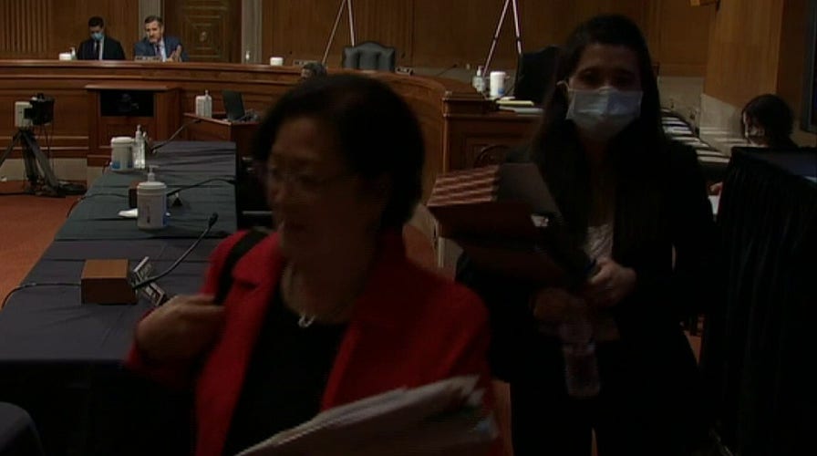 Rep Mazie Hirono walks out of Senate Judiciary Committee hearing