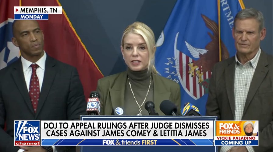 Bondi vows immediate appeal after judge drops cases against James Comey, Letitia James
