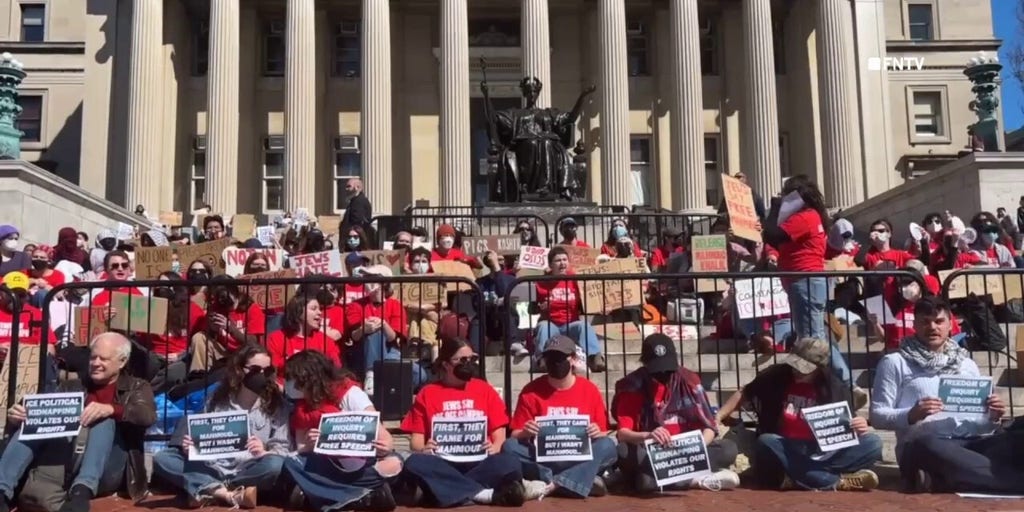 Columbia University protesters chant on campus steps against ICE arrest of Mahmoud Khalil