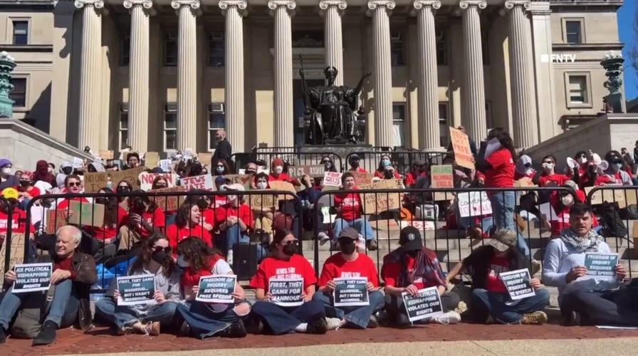 Columbia University protesters chant on campus steps against ICE arrest of Mahmoud Khalil