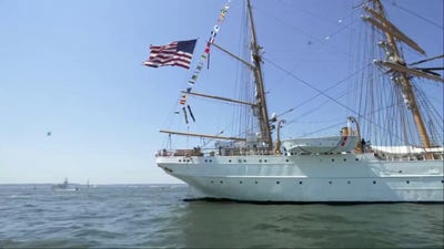 Up-close footage shows scale of America 250 tall ships before harbor transit
