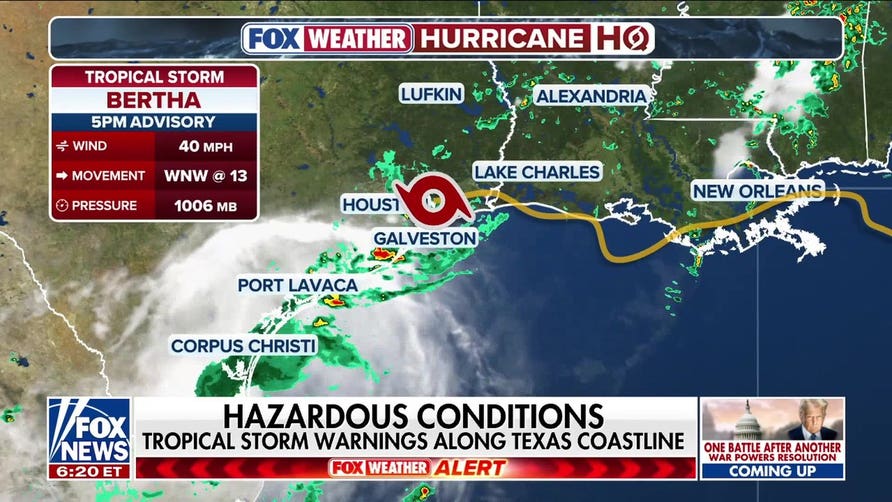 Tropical Storm Bertha churns west, bringing hazardous conditions to Texas coast