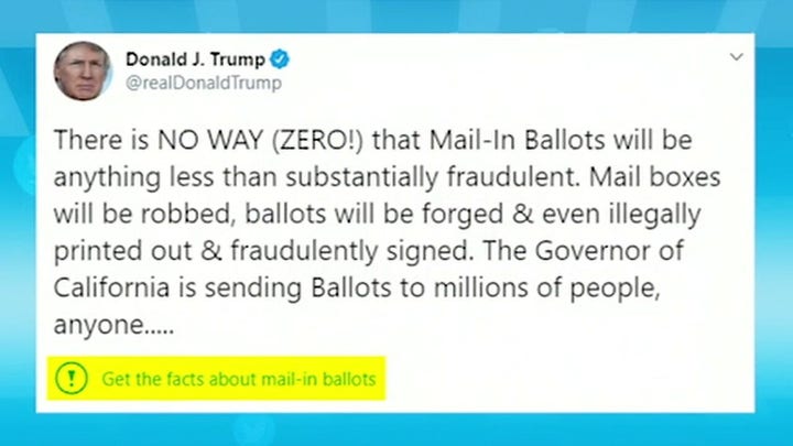 Twitter puts warning label on Trump's tweet on mail-in ballots