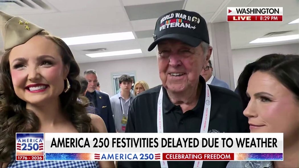 Peter Doocy speaks with WWII hero and performers during weather delay