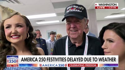 Peter Doocy speaks with WWII hero and performers during weather delay