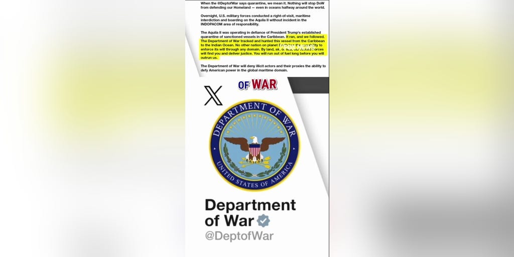 BREAKING: Department of War confirms boarding of oil tanker in Indian Ocean