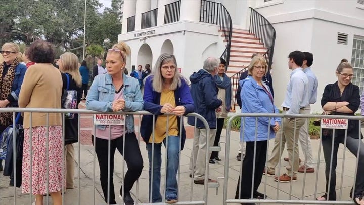 Spectators line up outside the Colleton County Courthouse for Day 13 of Alex Murdaugh's trial 