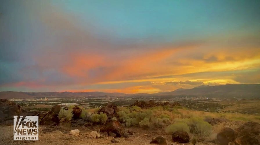 Drone footage captures stunning sunset over Nevada town