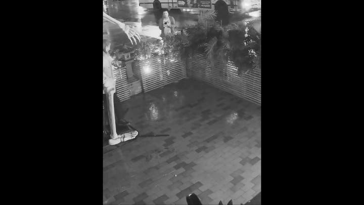 Surveillance video catches woman stealing a giant skeleton arm from Massachusetts' restaurant