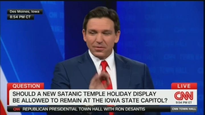 DeSantis points to Trump in response to question about Satanic Temple display at Iowa state capitol