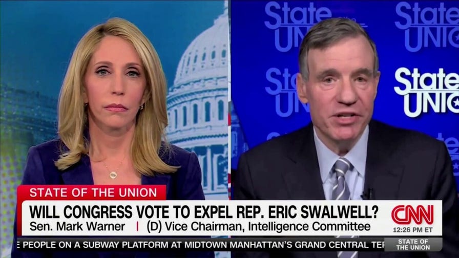 Sen. Mark Warner avoids question on whether Swalwell should resign from Congress