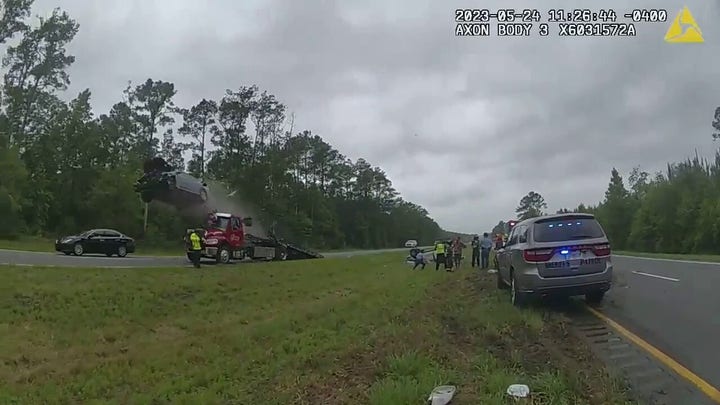 Video captures Georgia car launching off tow truck ramp on highway