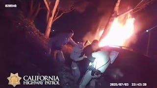 California Highway Patrol officers rescue man trapped in burning vehicle - Fox News