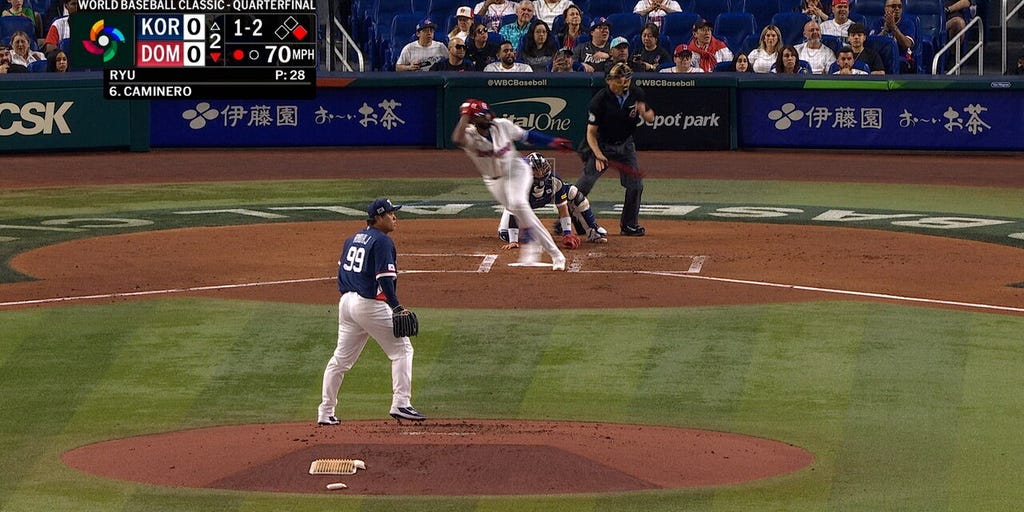 Dominican Republic's Junior Caminero doubles, scoring run for early lead over Korea