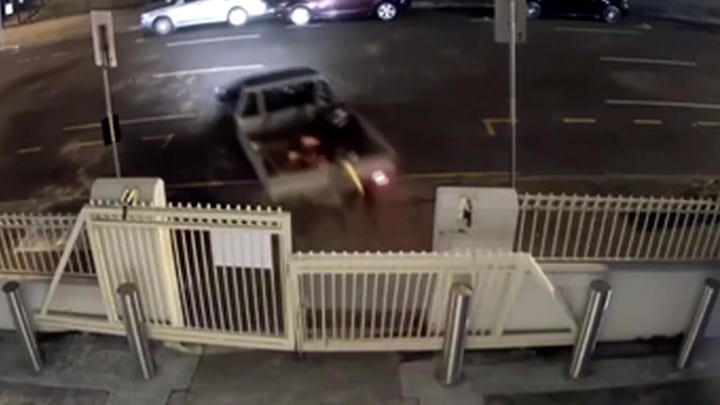 Video shows moment truck slams into gates of Australian synagogue